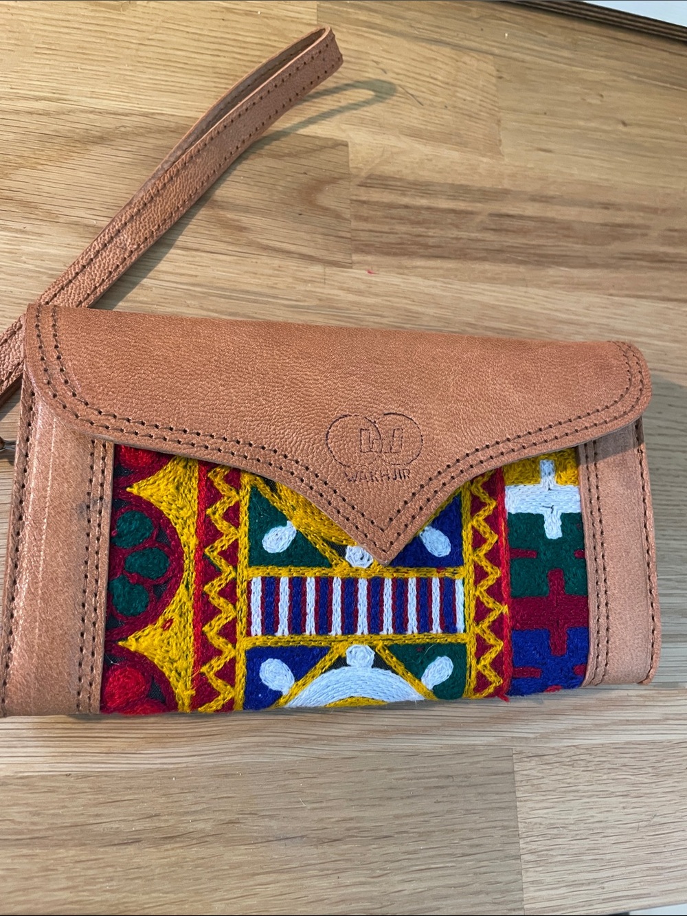 Leather Multicolor Embroidered Wristlet Wallet - Tan, Handcrafted